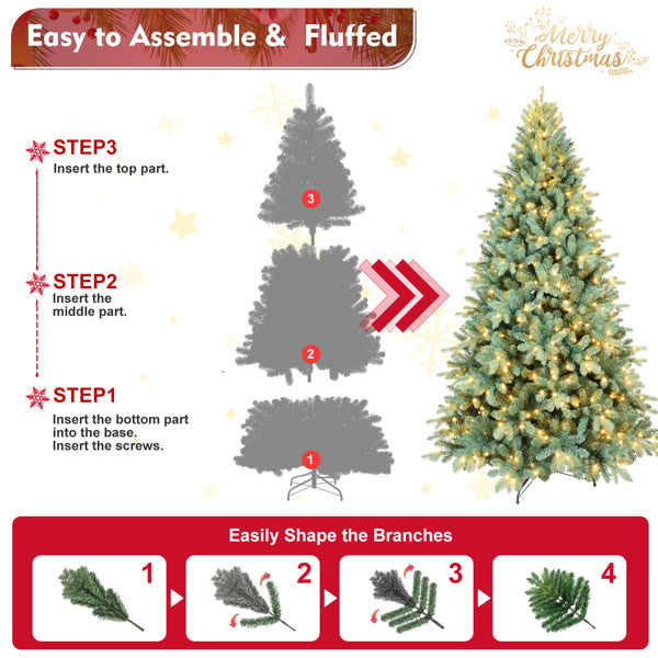 Artificial 6ft Blue Green Tint Christmas Tree With 1390 PE PVC Mixed Branch Tips, 350L Warm White Led, Memory Wire Iron Wire, Hinged Premium & Foldable Base For Indoor Holiday Decorating